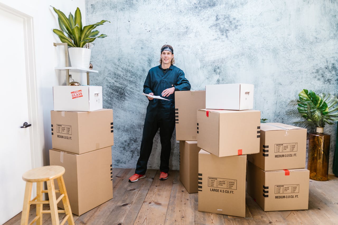 office movers in dubai open now: a moving professional standing alongside boxes