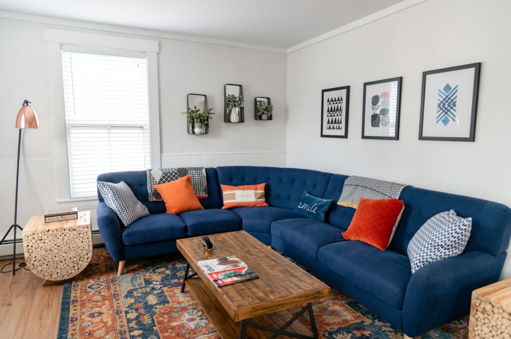 Business Bay Furniture Moving : blue and brown couch with throw pillows