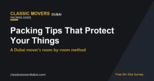 Packing tips for moving in Dubai branded guide card